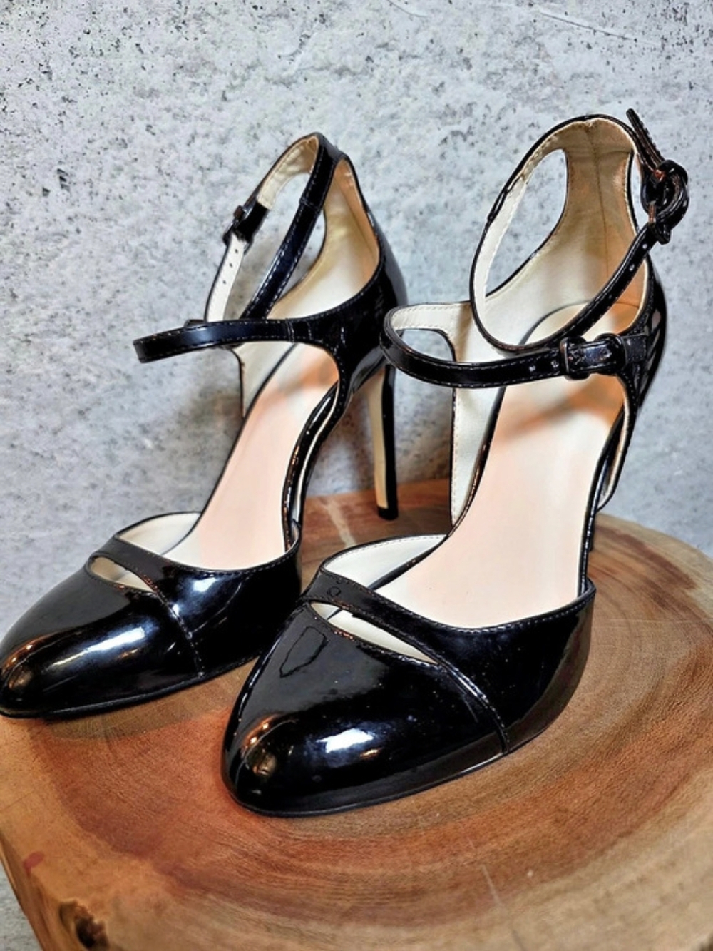Zara Basic Black Patent Cutout Ankle Strap Stiletto Heels | EU 37